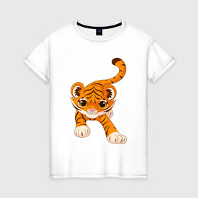 Женская футболка хлопок с принтом Милый Тигренок в Екатеринбурге, 100% хлопок | прямой крой, круглый вырез горловины, длина до линии бедер, слегка спущенное плечо | 2022 | animal | cat | lion | tiger | год тигра | животные | зверь | зубы | кот | кошка | лев | охотник | полосатый | природа | тигр | тигренок | тигрица | хищник