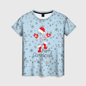 Женская футболка 3D с принтом Рождественская метель  в Екатеринбурге, 100% полиэфир ( синтетическое хлопкоподобное полотно) | прямой крой, круглый вырез горловины, длина до линии бедер | let it snow | merry christmas | зима | идёт снег | медведь | метель | нг | новый год | рождество | с рождеством | снег | снегопад | снежинки