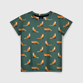 Детская футболка 3D с принтом Лисы паттерн в Екатеринбурге, 100% гипоаллергенный полиэфир | прямой крой, круглый вырез горловины, длина до линии бедер, чуть спущенное плечо, ткань немного тянется | животные | звери | зеленый цвет | лесные животные | лиса | лисы | оранжевый | паттерн | рыжий