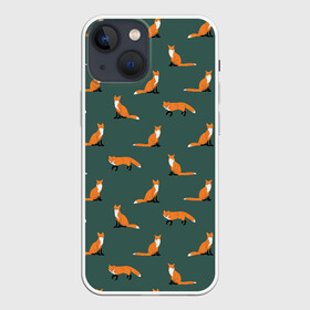 Чехол для iPhone 13 mini с принтом Лисы паттерн в Екатеринбурге,  |  | животные | звери | зеленый цвет | лесные животные | лиса | лисы | оранжевый | паттерн | рыжий