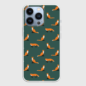 Чехол для iPhone 13 Pro с принтом Лисы паттерн в Екатеринбурге,  |  | животные | звери | зеленый цвет | лесные животные | лиса | лисы | оранжевый | паттерн | рыжий