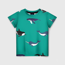 Детская футболка 3D с принтом Нарвал, киты, касатка паттерн в Екатеринбурге, 100% гипоаллергенный полиэфир | прямой крой, круглый вырез горловины, длина до линии бедер, чуть спущенное плечо, ткань немного тянется | изумрудно зеленый цвет | касатки | киты | морская фауна | морские животные | морские жители | нарвал | океан | паттерн