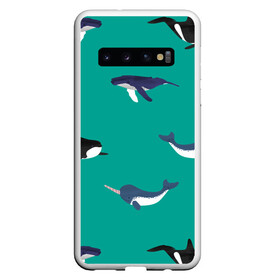 Чехол для Samsung Galaxy S10 с принтом Нарвал, киты, касатка паттерн в Екатеринбурге, Силикон | Область печати: задняя сторона чехла, без боковых панелей | изумрудно зеленый цвет | касатки | киты | морская фауна | морские животные | морские жители | нарвал | океан | паттерн