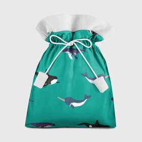 Подарочный 3D мешок с принтом Нарвал, киты, касатка паттерн в Екатеринбурге, 100% полиэстер | Размер: 29*39 см | изумрудно зеленый цвет | касатки | киты | морская фауна | морские животные | морские жители | нарвал | океан | паттерн