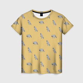 Женская футболка 3D с принтом Еноты паттерн в Екатеринбурге, 100% полиэфир ( синтетическое хлопкоподобное полотно) | прямой крой, круглый вырез горловины, длина до линии бедер | pattern | raccoons | еноты | забавные животные | звери | кремовый | охра | охристый | паттерн | песочный цвет | светло желтый