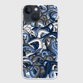 Чехол для iPhone 13 mini с принтом Синий камуфляж с щупальцами в Екатеринбурге,  |  | камуфляж | ктулху | милитари | море | морской | осьминог | рыбак | щупальца