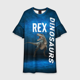 Детское платье 3D с принтом Dinosaurs Rex 3D в Екатеринбурге, 100% полиэстер | прямой силуэт, чуть расширенный к низу. Круглая горловина, на рукавах — воланы | dinosaurs rex | tyrannosaurus | динозавры | принт с динозавром | рекс | тиранозавр | топ | тренд