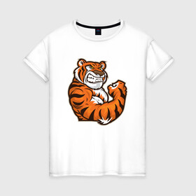 Женская футболка хлопок с принтом Сила Тигра в Екатеринбурге, 100% хлопок | прямой крой, круглый вырез горловины, длина до линии бедер, слегка спущенное плечо | 2022 | animal | cat | lion | tiger | год тигра | животные | зверь | зубы | кот | кошка | лев | охотник | полосатый | природа | тигр | тигренок | тигрица | хищник