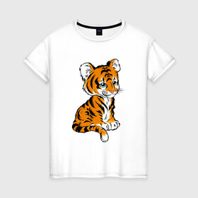 Женская футболка хлопок с принтом Little Tiger в Екатеринбурге, 100% хлопок | прямой крой, круглый вырез горловины, длина до линии бедер, слегка спущенное плечо | 2022 | animal | cat | lion | tiger | год тигра | животные | зверь | зубы | кот | кошка | лев | охотник | полосатый | природа | тигр | тигренок | тигрица | хищник
