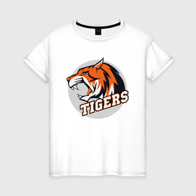 Женская футболка хлопок с принтом Sport Tigers в Екатеринбурге, 100% хлопок | прямой крой, круглый вырез горловины, длина до линии бедер, слегка спущенное плечо | 2022 | animal | cat | lion | sport | tiger | год тигра | животные | зверь | зубы | кот | кошка | лев | охотник | полосатый | природа | спорт | тигр | тигренок | тигрица | хищник
