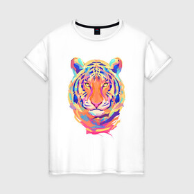 Женская футболка хлопок с принтом Color Tiger в Екатеринбурге, 100% хлопок | прямой крой, круглый вырез горловины, длина до линии бедер, слегка спущенное плечо | 2022 | animal | cat | lion | tiger | год тигра | животные | зверь | зубы | кот | кошка | лев | охотник | полосатый | природа | тигр | тигренок | тигрица | хищник