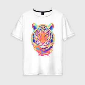 Женская футболка хлопок Oversize с принтом Color Tiger в Екатеринбурге, 100% хлопок | свободный крой, круглый ворот, спущенный рукав, длина до линии бедер
 | 2022 | animal | cat | lion | tiger | год тигра | животные | зверь | зубы | кот | кошка | лев | охотник | полосатый | природа | тигр | тигренок | тигрица | хищник