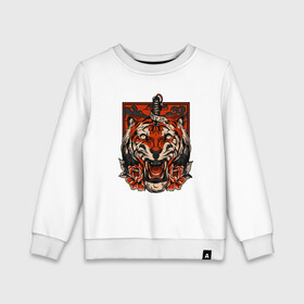 Детский свитшот хлопок с принтом Red Tiger в Екатеринбурге, 100% хлопок | круглый вырез горловины, эластичные манжеты, пояс и воротник | 2022 | animal | cat | lion | tiger | год тигра | животные | зверь | зубы | кот | кошка | лев | охотник | полосатый | природа | тигр | тигренок | тигрица | хищник