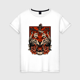 Женская футболка хлопок с принтом Red Tiger в Екатеринбурге, 100% хлопок | прямой крой, круглый вырез горловины, длина до линии бедер, слегка спущенное плечо | 2022 | animal | cat | lion | tiger | год тигра | животные | зверь | зубы | кот | кошка | лев | охотник | полосатый | природа | тигр | тигренок | тигрица | хищник
