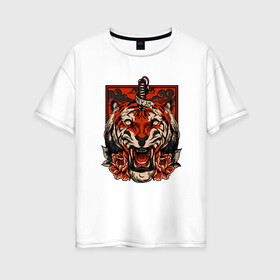 Женская футболка хлопок Oversize с принтом Red Tiger в Екатеринбурге, 100% хлопок | свободный крой, круглый ворот, спущенный рукав, длина до линии бедер
 | 2022 | animal | cat | lion | tiger | год тигра | животные | зверь | зубы | кот | кошка | лев | охотник | полосатый | природа | тигр | тигренок | тигрица | хищник