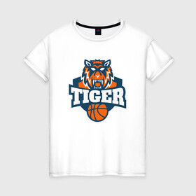 Женская футболка хлопок с принтом Tiger Basketball в Екатеринбурге, 100% хлопок | прямой крой, круглый вырез горловины, длина до линии бедер, слегка спущенное плечо | 2022 | animal | basketball | cat | lion | nba | tiger | баскетбол | год тигра | животные | зверь | зубы | кот | кошка | лев | нба | охотник | полосатый | природа | спорт | тигр | тигренок | тигрица | хищник