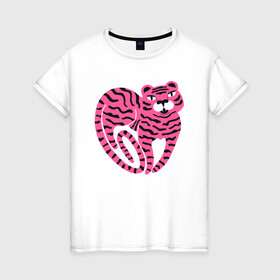 Женская футболка хлопок с принтом Pink Tiger в Екатеринбурге, 100% хлопок | прямой крой, круглый вырез горловины, длина до линии бедер, слегка спущенное плечо | 2022 | animal | cat | lion | tiger | год тигра | животные | зверь | зубы | кот | кошка | лев | охотник | полосатый | природа | тигр | тигренок | тигрица | хищник