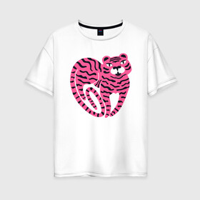 Женская футболка хлопок Oversize с принтом Pink Tiger в Екатеринбурге, 100% хлопок | свободный крой, круглый ворот, спущенный рукав, длина до линии бедер
 | 2022 | animal | cat | lion | tiger | год тигра | животные | зверь | зубы | кот | кошка | лев | охотник | полосатый | природа | тигр | тигренок | тигрица | хищник