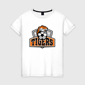 Женская футболка хлопок с принтом Football Tigers в Екатеринбурге, 100% хлопок | прямой крой, круглый вырез горловины, длина до линии бедер, слегка спущенное плечо | 2022 | animal | cat | football | lion | sport | tiger | год тигра | животные | зверь | зубы | кот | кошка | лев | охотник | полосатый | природа | спорт | тигр | тигренок | тигрица | футбол | хищник