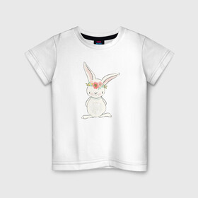 Детская футболка хлопок с принтом милый кролик в Екатеринбурге, 100% хлопок | круглый вырез горловины, полуприлегающий силуэт, длина до линии бедер | заяц | кролик. венок | лапы | мода | мультик | персонаж | уши | хвост