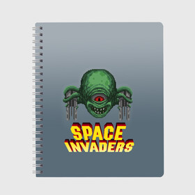 Тетрадь с принтом Space Invaders | Old game (Z) в Екатеринбурге, 100% бумага | 48 листов, плотность листов — 60 г/м2, плотность картонной обложки — 250 г/м2. Листы скреплены сбоку удобной пружинной спиралью. Уголки страниц и обложки скругленные. Цвет линий — светло-серый
 | Тематика изображения на принте: dendy | invaders | nintendo | shootem up | space invaders | денди | захватчики | космические захватчики | су имбэ | чужаки