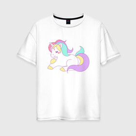 Женская футболка хлопок Oversize с принтом волшебная лошадка в Екатеринбурге, 100% хлопок | свободный крой, круглый ворот, спущенный рукав, длина до линии бедер
 | волшебная | единорог | копыта | лошадка | пони | рог | розовая | сказка | фиолетовая