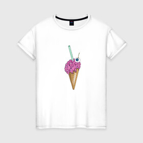 Женская футболка хлопок с принтом Brain Lovers в Екатеринбурге, 100% хлопок | прямой крой, круглый вырез горловины, длина до линии бедер, слегка спущенное плечо | вафля | глаз | глаза | десерт | крэнг | мозг | мозги | мороженое | рожок | сладкое | сладость