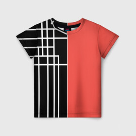 Детская футболка 3D с принтом Черный и коралловый арт деко в Екатеринбурге, 100% гипоаллергенный полиэфир | прямой крой, круглый вырез горловины, длина до линии бедер, чуть спущенное плечо, ткань немного тянется | абстрактный | арт | арт деко | белые полосы | геометрический | модный | молодежный | полосы | современный | черный и коралловый