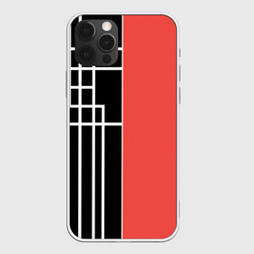 Чехол для iPhone 12 Pro с принтом Черный и коралловый арт деко в Екатеринбурге, силикон | область печати: задняя сторона чехла, без боковых панелей | Тематика изображения на принте: абстрактный | арт | арт деко | белые полосы | геометрический | модный | молодежный | полосы | современный | черный и коралловый