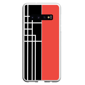 Чехол для Samsung Galaxy S10 с принтом Черный и коралловый арт деко в Екатеринбурге, Силикон | Область печати: задняя сторона чехла, без боковых панелей | абстрактный | арт | арт деко | белые полосы | геометрический | модный | молодежный | полосы | современный | черный и коралловый