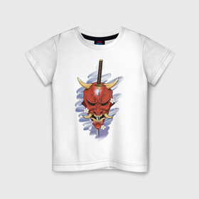 Детская футболка хлопок с принтом Маска в Екатеринбурге, 100% хлопок | круглый вырез горловины, полуприлегающий силуэт, длина до линии бедер | демон | катана | маска | сакура | хання | япония | японская маска | японский демон