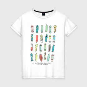 Женская футболка хлопок с принтом Коллекция скейтбордов в Екатеринбурге, 100% хлопок | прямой крой, круглый вырез горловины, длина до линии бедер, слегка спущенное плечо | Тематика изображения на принте: доска | иллюстрация | коллекция | скейт | скейтбордист