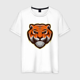 Мужская футболка хлопок с принтом Мудрый Тигр в Екатеринбурге, 100% хлопок | прямой крой, круглый вырез горловины, длина до линии бедер, слегка спущенное плечо. | 2022 | animal | cat | lion | tiger | год тигра | животные | зверь | зубы | кот | кошка | лев | охотник | полосатый | природа | тигр | тигренок | тигрица | хищник