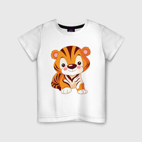 Детская футболка хлопок с принтом Little Tiger в Екатеринбурге, 100% хлопок | круглый вырез горловины, полуприлегающий силуэт, длина до линии бедер | Тематика изображения на принте: 2022 | animal | cat | lion | tiger | год тигра | животные | зверь | зубы | кот | кошка | лев | охотник | полосатый | природа | тигр | тигренок | тигрица | хищник