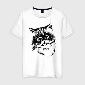 Мужская футболка хлопок с принтом Котенок в Екатеринбурге, 100% хлопок | прямой крой, круглый вырез горловины, длина до линии бедер, слегка спущенное плечо. | cat | cat art | животные | звери | кот | котенок | котик | коты | кошка | черно белый