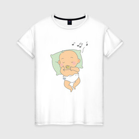 Женская футболка хлопок с принтом сладкий сон в Екатеринбурге, 100% хлопок | прямой крой, круглый вырез горловины, длина до линии бедер, слегка спущенное плечо | колыбельная | люлька | младенец | памперс | подушка | постель | ребёнок | сон