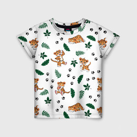Детская футболка 3D с принтом Милый тигр в Екатеринбурге, 100% гипоаллергенный полиэфир | прямой крой, круглый вырез горловины, длина до линии бедер, чуть спущенное плечо, ткань немного тянется | 2022 | год тигра | листья | милый тигр | новый год | паттерн | принт | саванна | следы | тигренок | фон | хищник