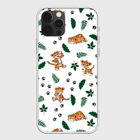 Чехол для iPhone 12 Pro с принтом Милый тигр в Екатеринбурге, силикон | область печати: задняя сторона чехла, без боковых панелей | 2022 | год тигра | листья | милый тигр | новый год | паттерн | принт | саванна | следы | тигренок | фон | хищник