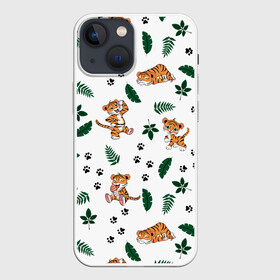 Чехол для iPhone 13 mini с принтом Милый тигр в Екатеринбурге,  |  | 2022 | год тигра | листья | милый тигр | новый год | паттерн | принт | саванна | следы | тигренок | фон | хищник