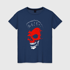 Женская футболка хлопок с принтом Веселый роджер в Екатеринбурге, 100% хлопок | прямой крой, круглый вырез горловины, длина до линии бедер, слегка спущенное плечо | ирокез | красный | скелет | страшный | челюсть | череп