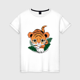 Женская футболка хлопок с принтом Тигр охотник в Екатеринбурге, 100% хлопок | прямой крой, круглый вырез горловины, длина до линии бедер, слегка спущенное плечо | котенок | крадется | листья | милый | охотится | подкрадывается | ползет | тигр | тигренок