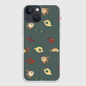 Чехол для iPhone 13 mini с принтом Морские рыбки на зеленом фоне в Екатеринбурге,  |  | fish | summer | tdsmr | весна | зеленый | лето | море | праздник | принт | природа | рыбы