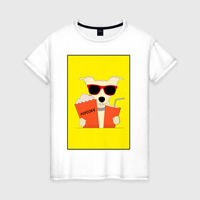Женская футболка хлопок с принтом Пес кинофил в Екатеринбурге, 100% хлопок | прямой крой, круглый вырез горловины, длина до линии бедер, слегка спущенное плечо | кино | киноман | киносеанс | кинотеатр | кинофил | пес | собака