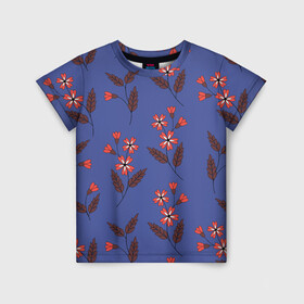 Детская футболка 3D с принтом Цветы на синем фоне в Екатеринбурге, 100% гипоаллергенный полиэфир | прямой крой, круглый вырез горловины, длина до линии бедер, чуть спущенное плечо, ткань немного тянется | 8 марта | flowers | summer | ботаническая иллюстрация | весна | коричневый | красный | лето | листья | любовь | праздник | принт | природа | растения | синий | цветы