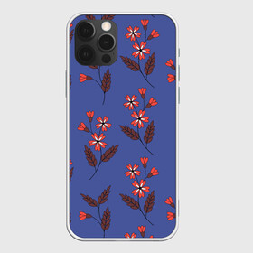 Чехол для iPhone 12 Pro Max с принтом Цветы на синем фоне в Екатеринбурге, Силикон |  | 8 марта | flowers | summer | ботаническая иллюстрация | весна | коричневый | красный | лето | листья | любовь | праздник | принт | природа | растения | синий | цветы