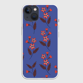 Чехол для iPhone 13 с принтом Цветы на синем фоне в Екатеринбурге,  |  | 8 марта | flowers | summer | ботаническая иллюстрация | весна | коричневый | красный | лето | листья | любовь | праздник | принт | природа | растения | синий | цветы