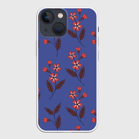 Чехол для iPhone 13 mini с принтом Цветы на синем фоне в Екатеринбурге,  |  | 8 марта | flowers | summer | ботаническая иллюстрация | весна | коричневый | красный | лето | листья | любовь | праздник | принт | природа | растения | синий | цветы