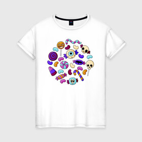 Женская футболка хлопок с принтом Конфетный набор в Екатеринбурге, 100% хлопок | прямой крой, круглый вырез горловины, длина до линии бедер, слегка спущенное плечо | иллюстрация | карамель | конфеты | леденец | ужастик