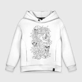 Детское худи Oversize хлопок с принтом Tiger & Skulls tattoo в Екатеринбурге, френч-терри — 70% хлопок, 30% полиэстер. Мягкий теплый начес внутри —100% хлопок | боковые карманы, эластичные манжеты и нижняя кромка, капюшон на магнитной кнопке | graphics | hype | jungle | skull | tattoo | tiger | графика | татуировка | тигр | хайп | череп