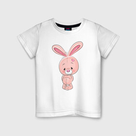 Детская футболка хлопок с принтом розовый зайка в Екатеринбурге, 100% хлопок | круглый вырез горловины, полуприлегающий силуэт, длина до линии бедер | заяц | кролик | лапы | мягкий | персонаж | розовый | уши | хвост